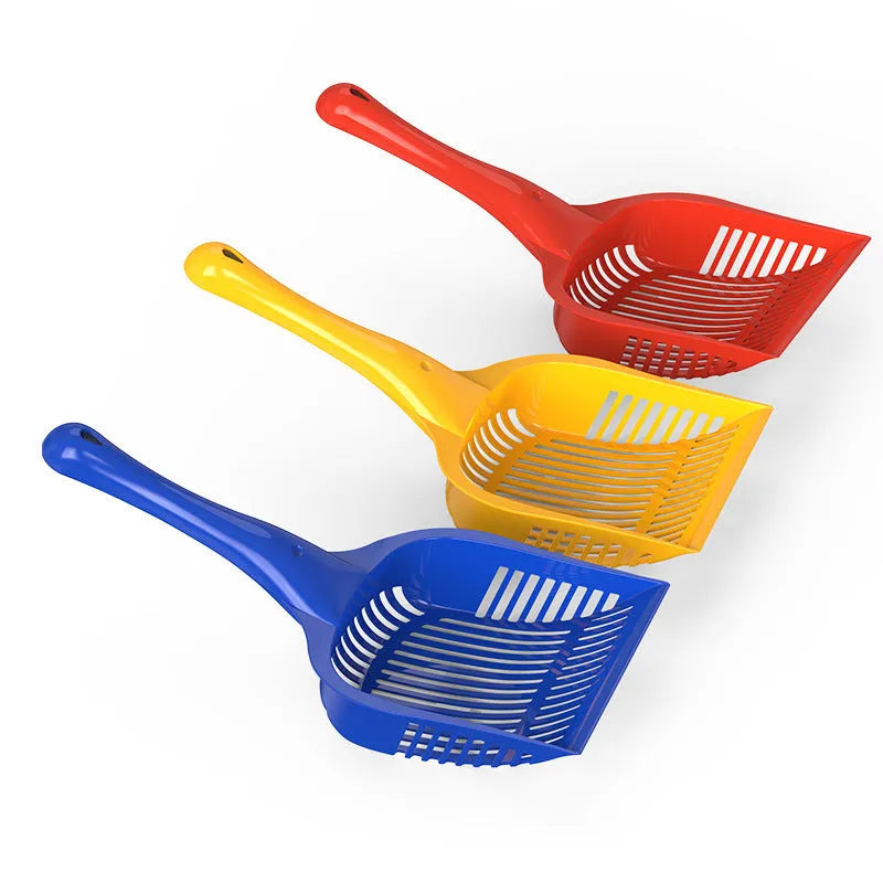 Red, yellow and blue plastic cat litter scoops in small and medium sizes
