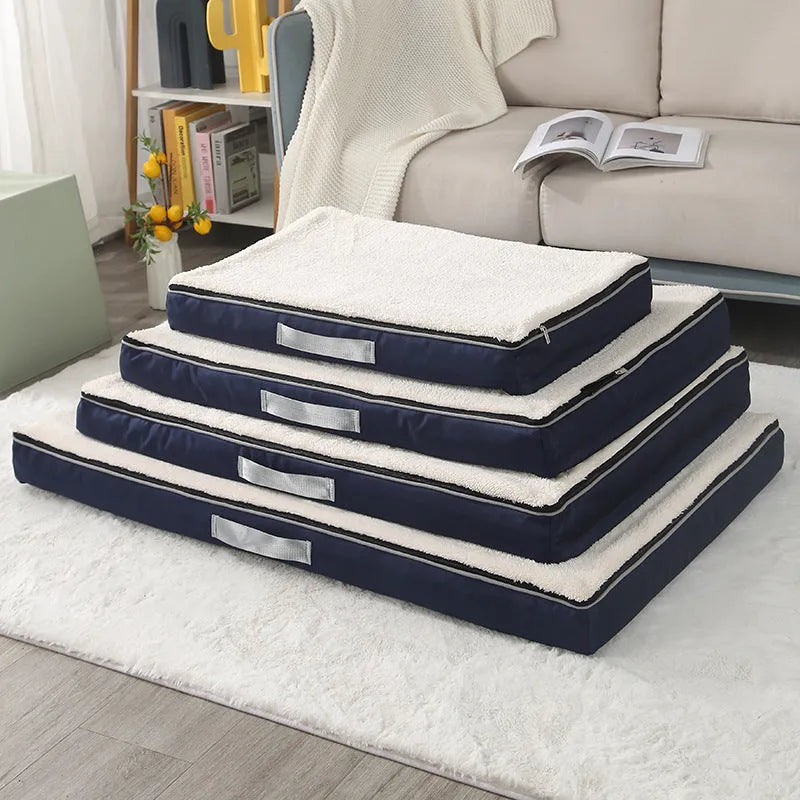 Plush memory foam dog bed with washable cover and nonslip base, available in coffee, dark gray, khaki, and white.