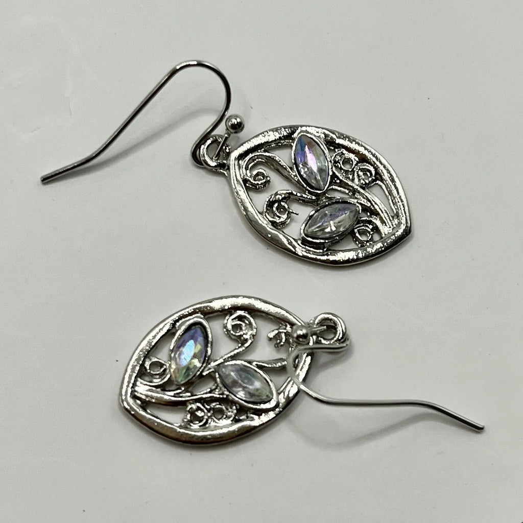 Women's silver alloy earrings with leaf designs and embedded colourful moonstones