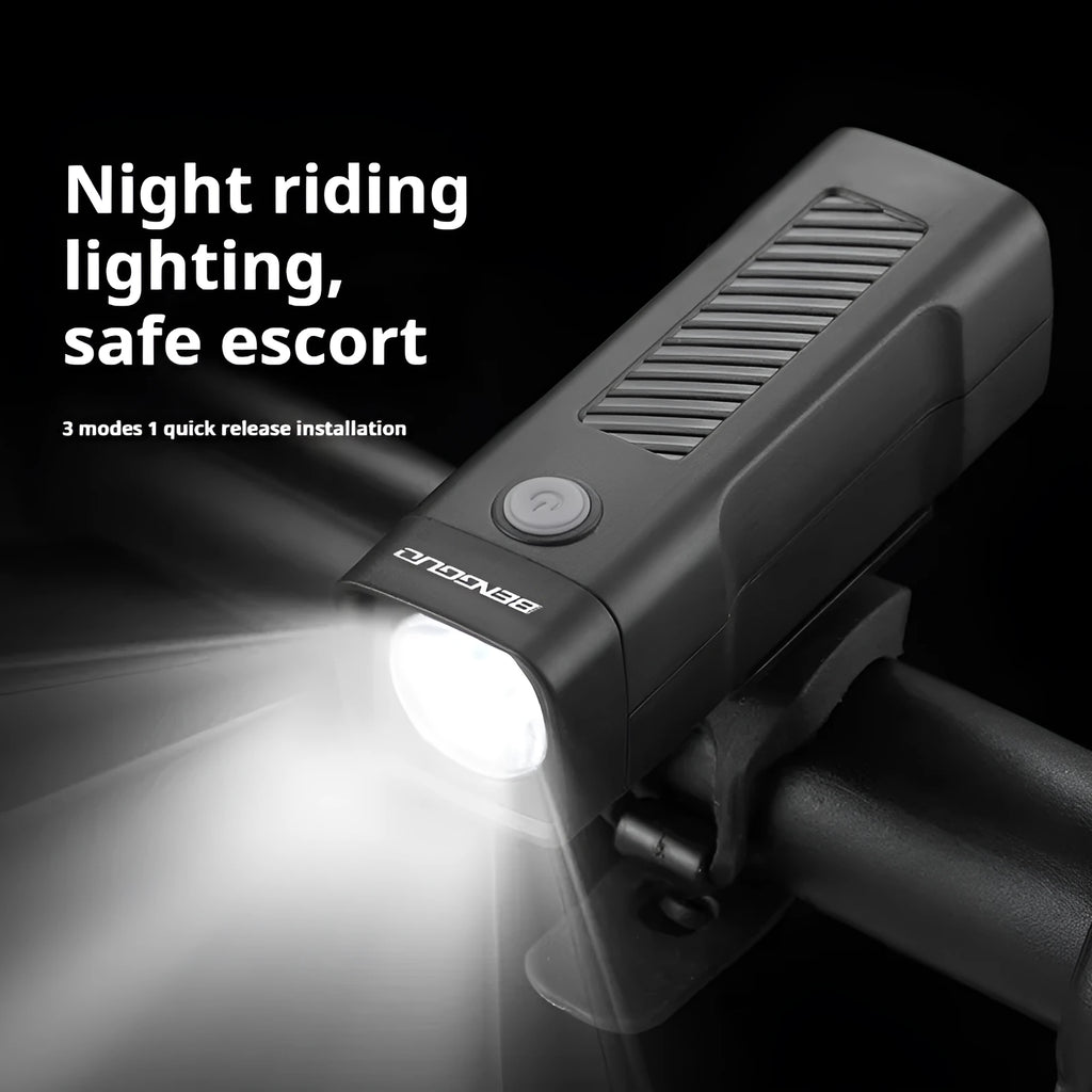Bicycle headlight with LED light source and quick release strap bracket for handlebar mounting