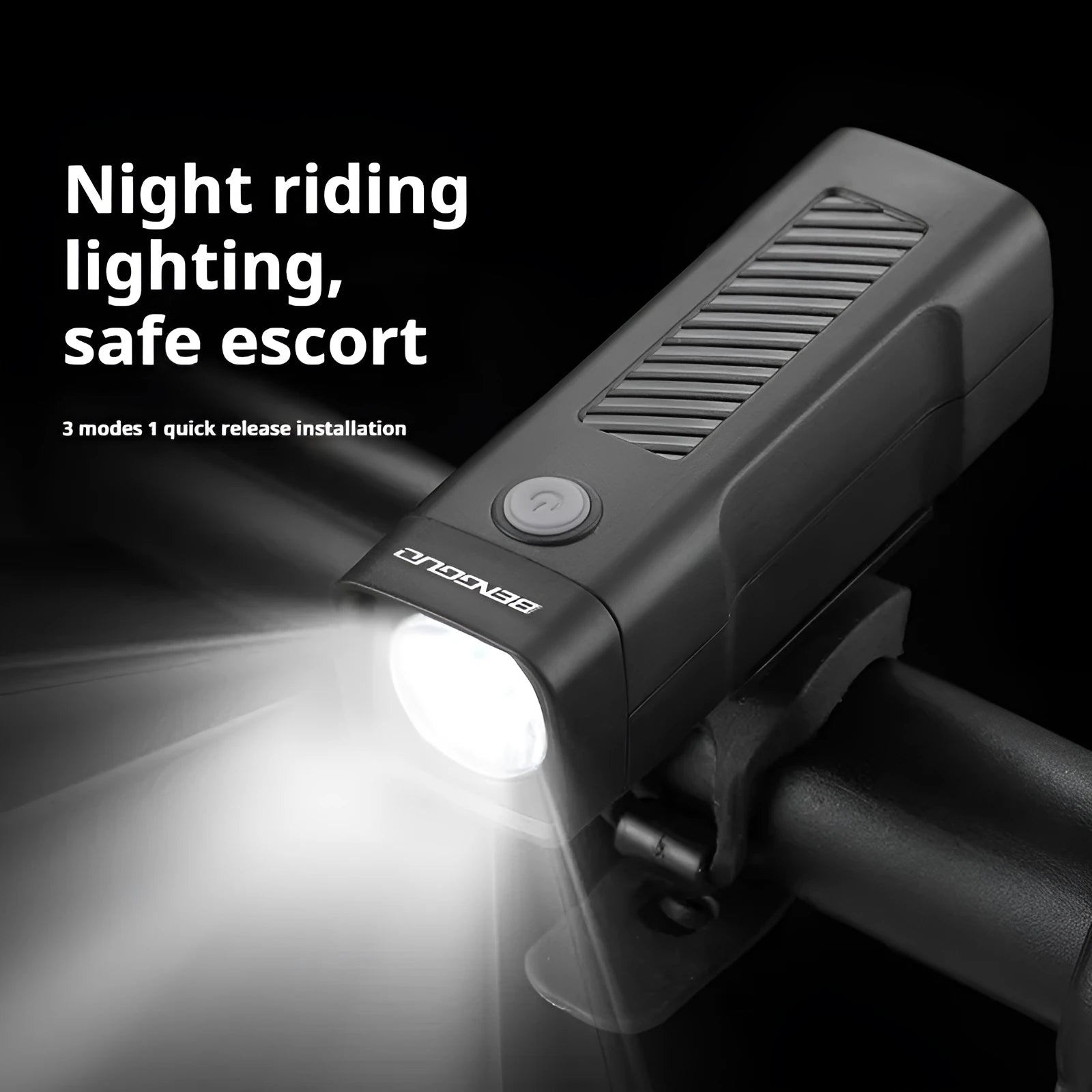 Bicycle headlight with LED light source and quick release strap bracket for handlebar mounting