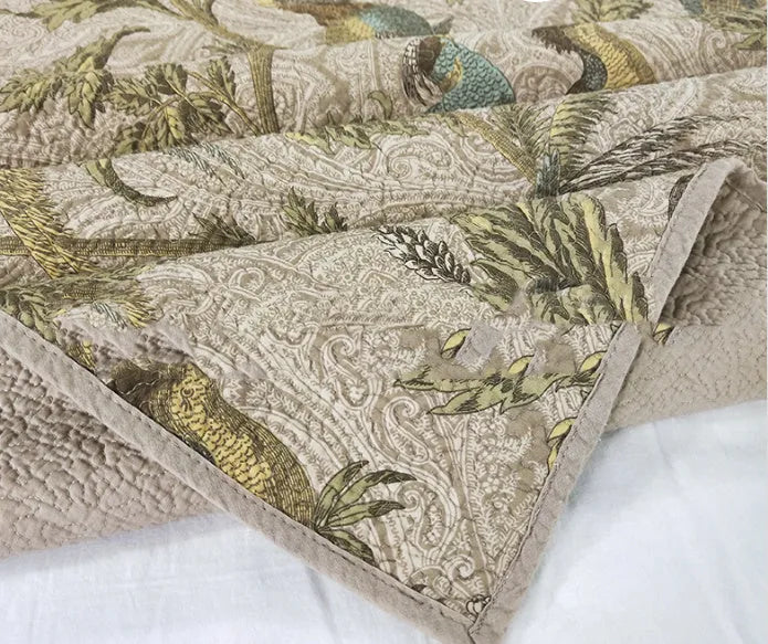 Blue American floral cotton bedspread set with quilted texture, 230x250 cm three-piece bedding