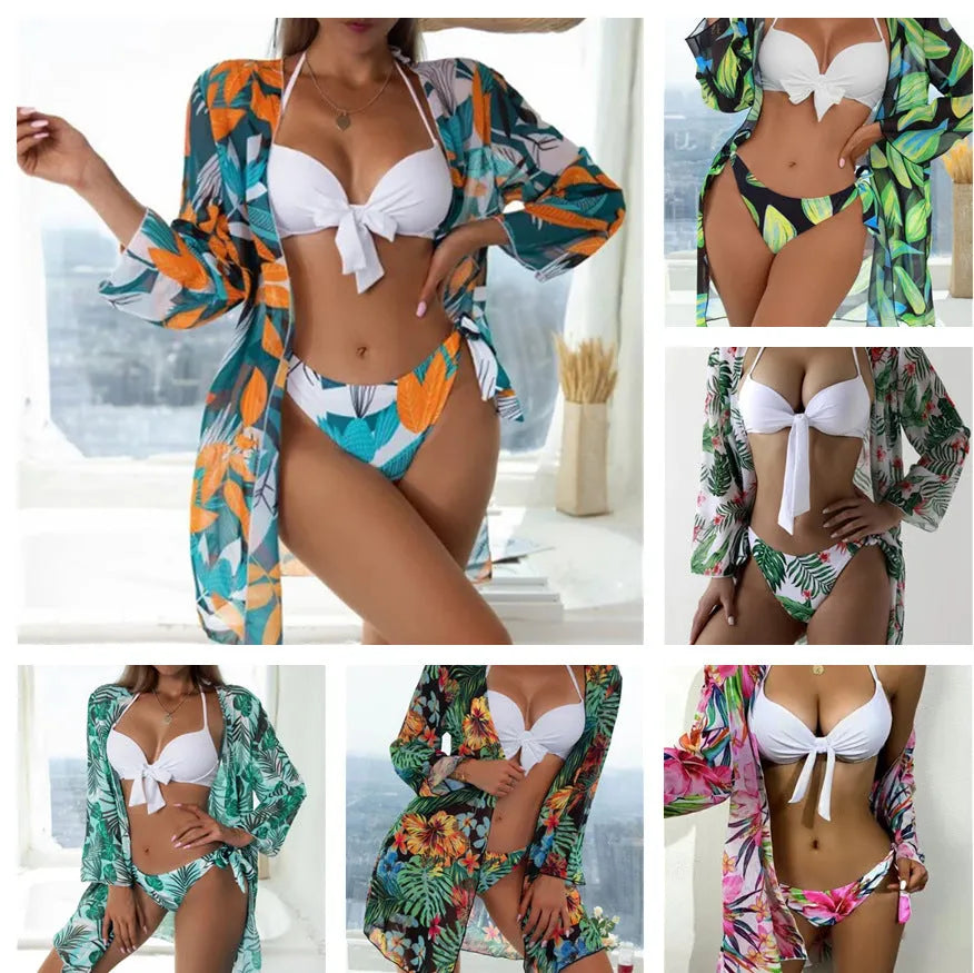 Women's three-piece mesh bikini swimsuit set in a fresh, conservative style with a coordinating coat.