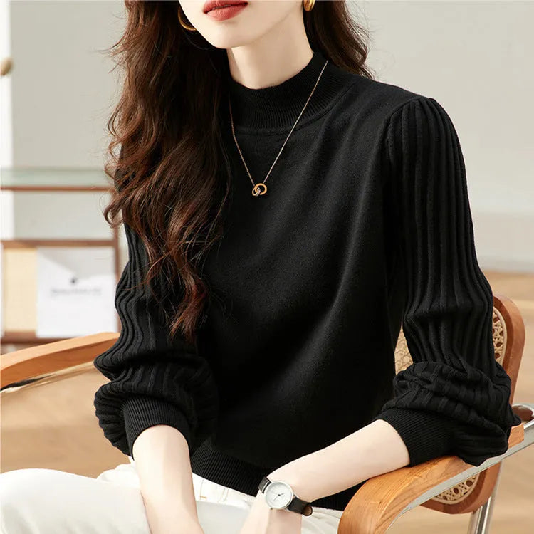 Women's slim fit half turtleneck bottoming shirt in a sunken stripe design, shown in apricot colour.