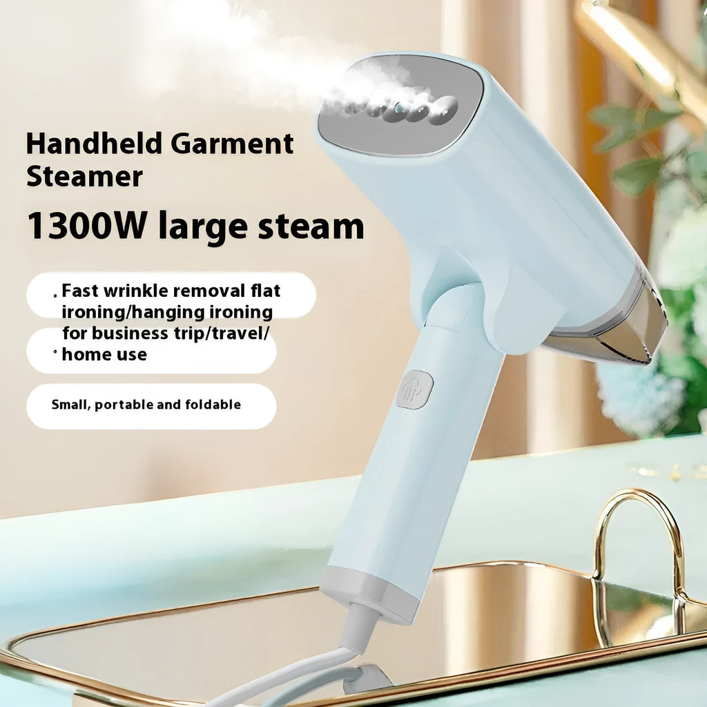 Blue or white handheld garment steamer with compact design and mechanical controls