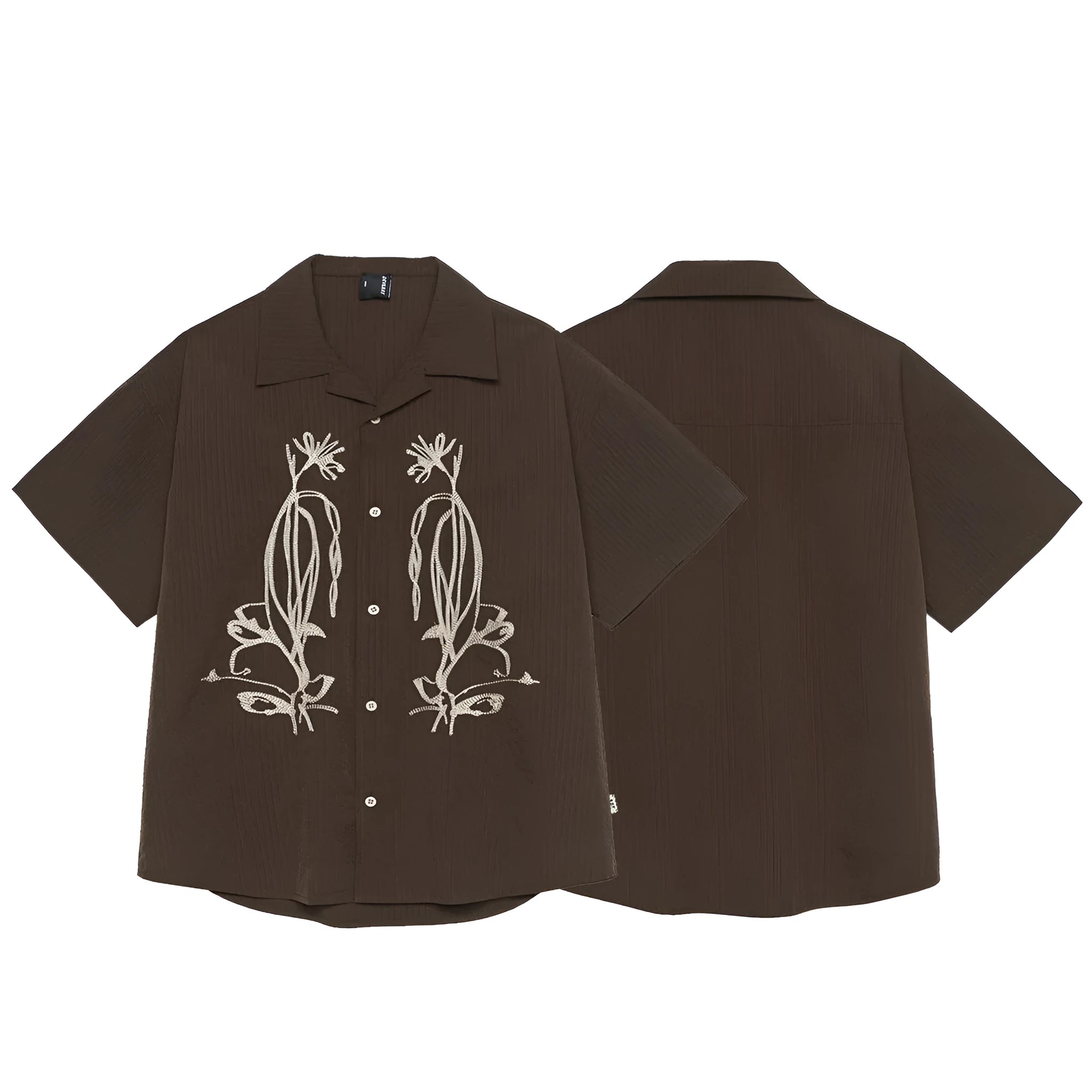 Brown striped outdoor shirt with Cuban collar and short sleeves for camping