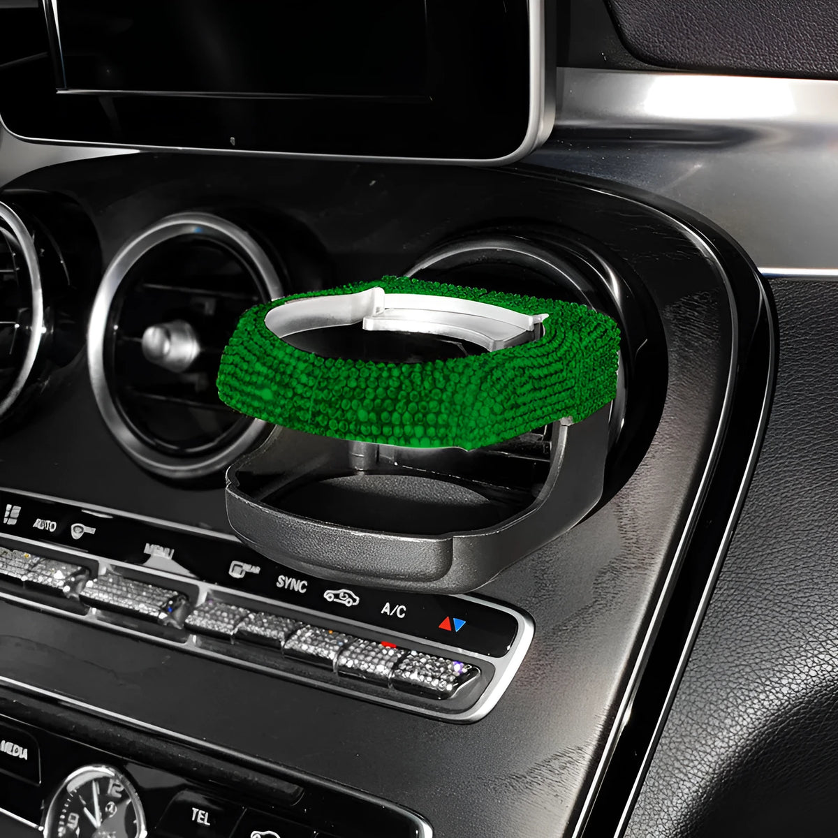 Rhinestone decorated car air vent cup holder in various diamond colours