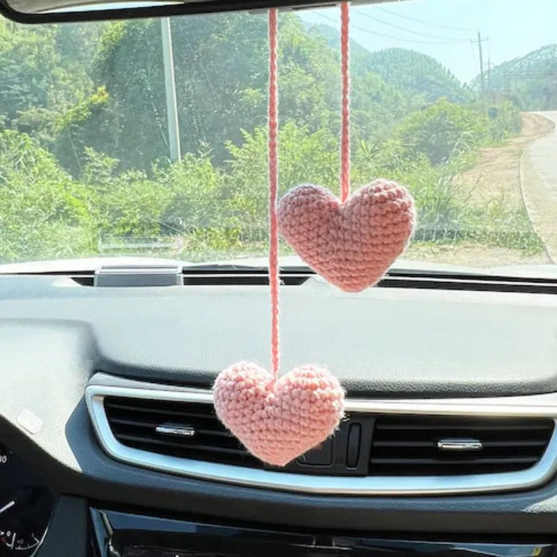 Green and white knitted wool car plant decoration hanging from 25cm white rope