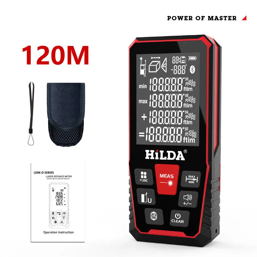 Handheld black laser rangefinder with digital display for measuring distances up to 120 metres.