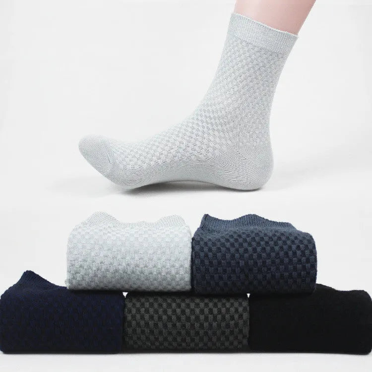 Men's bamboo fibre business socks with small square pattern in medium thickness showing colour options