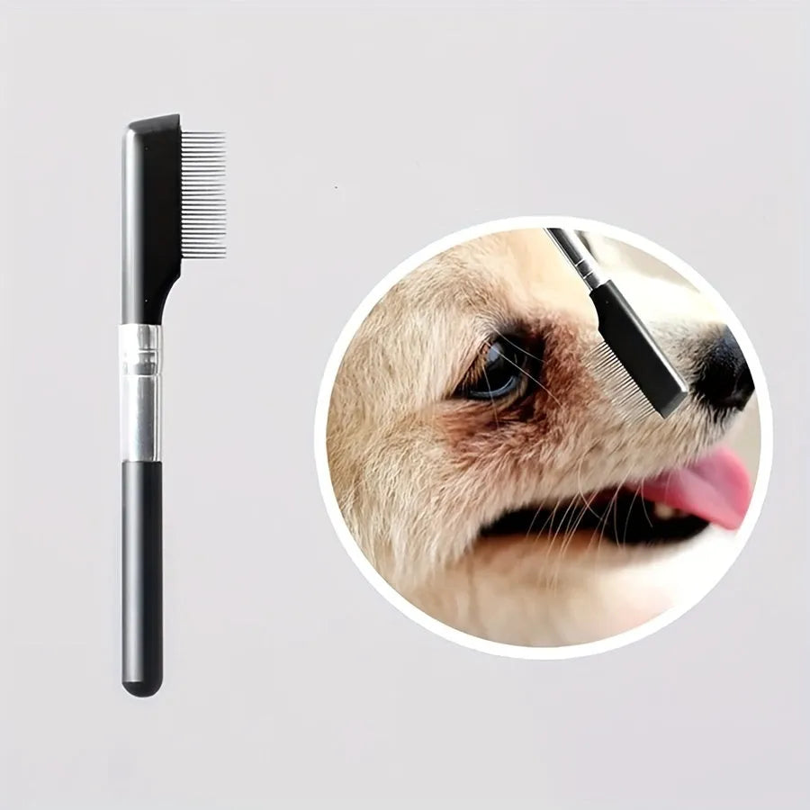 Black pet grooming brush with dual heads: soft bristles for eye cleaning and comb for hair removal