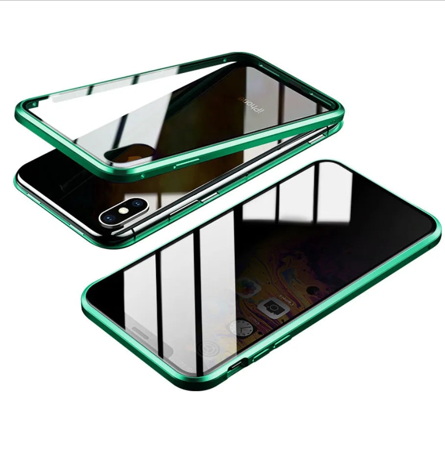 Black glass clamshell anti-spy phone case with a geometric pattern for iPhone.