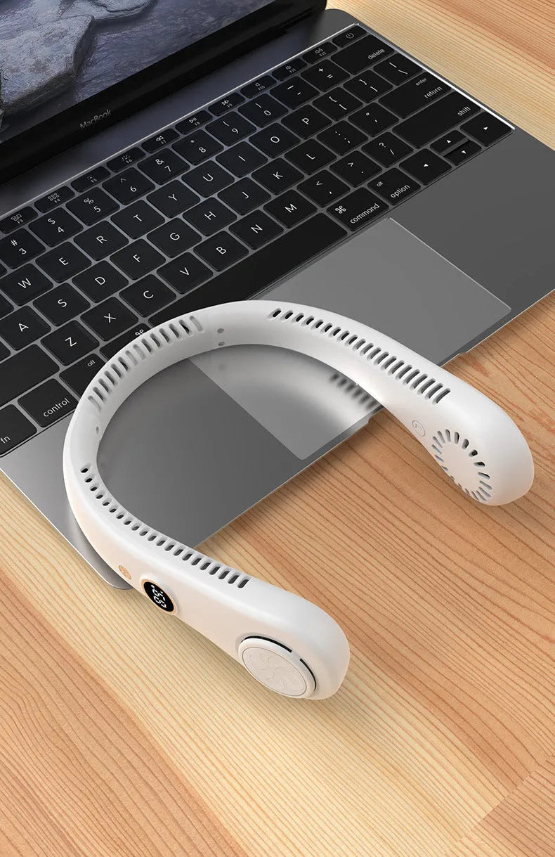 Blue USB rechargeable bladeless neck fan with adjustable speed settings and ergonomic neckband