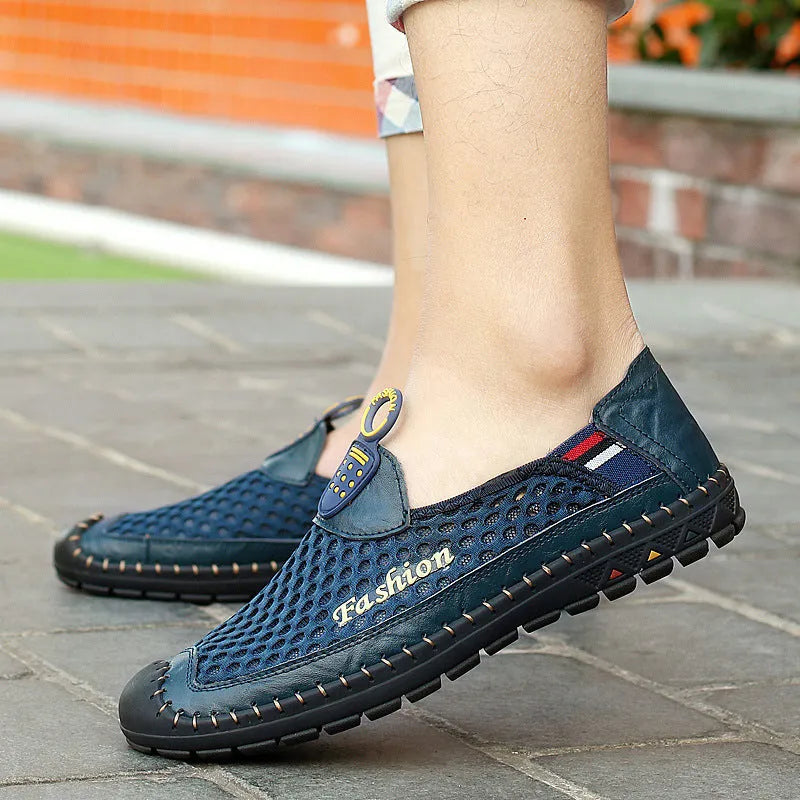 Men's brown mesh casual shoes with round toe and stitching detail