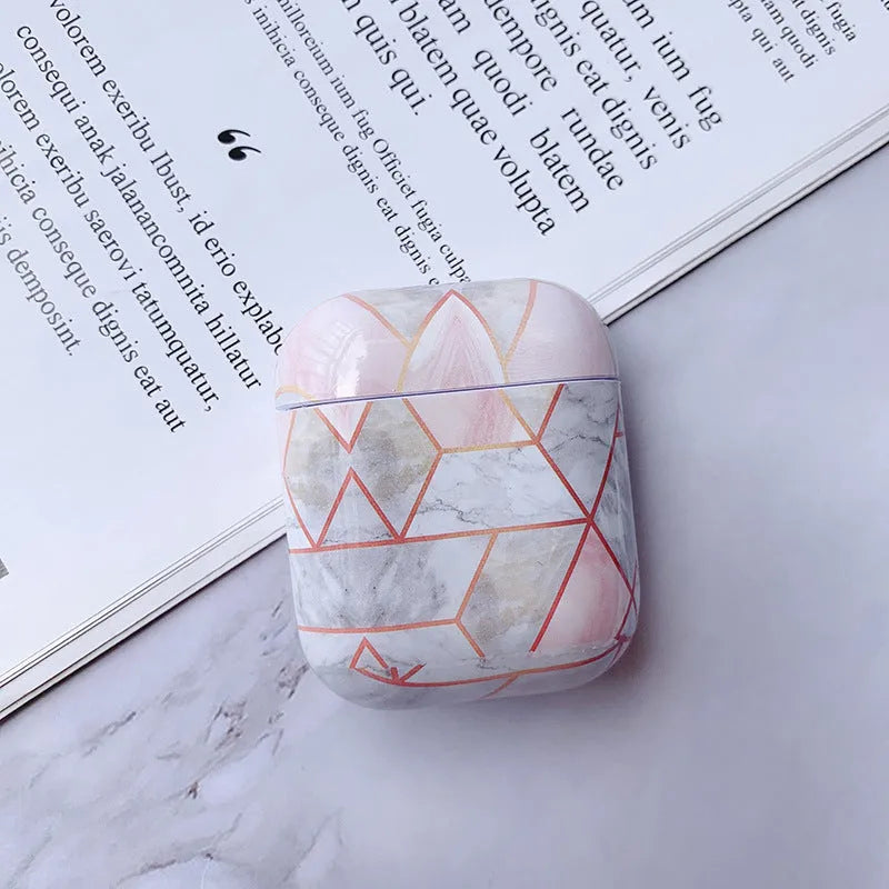 White Marble hard PC protective case cover for Apple AirPods 1 and 2 charging box.