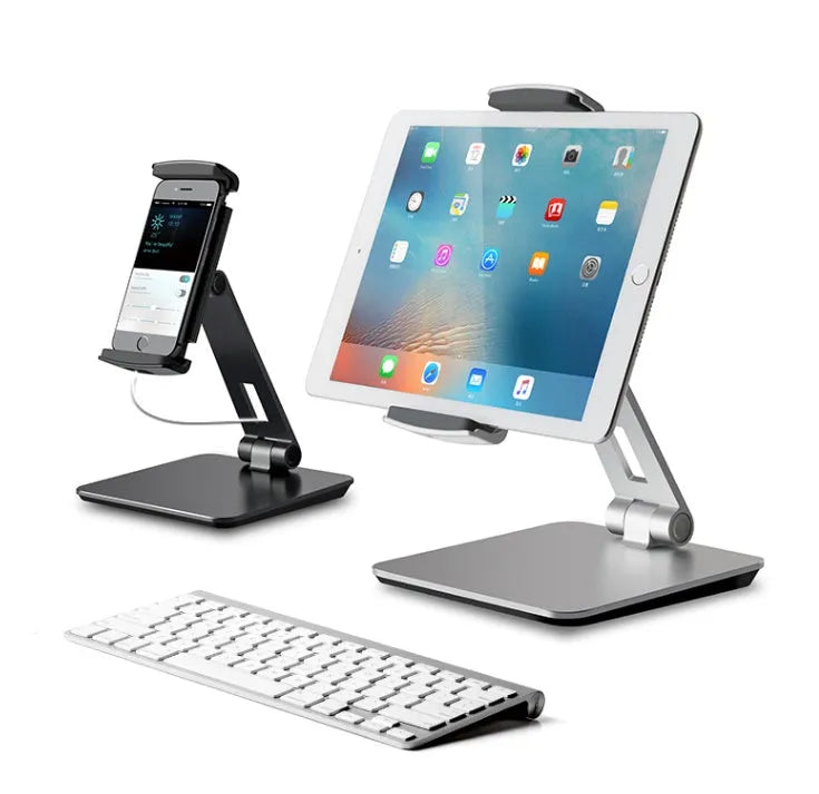 Foldable aluminium desktop phone and tablet holder showing 360° rotation capability
