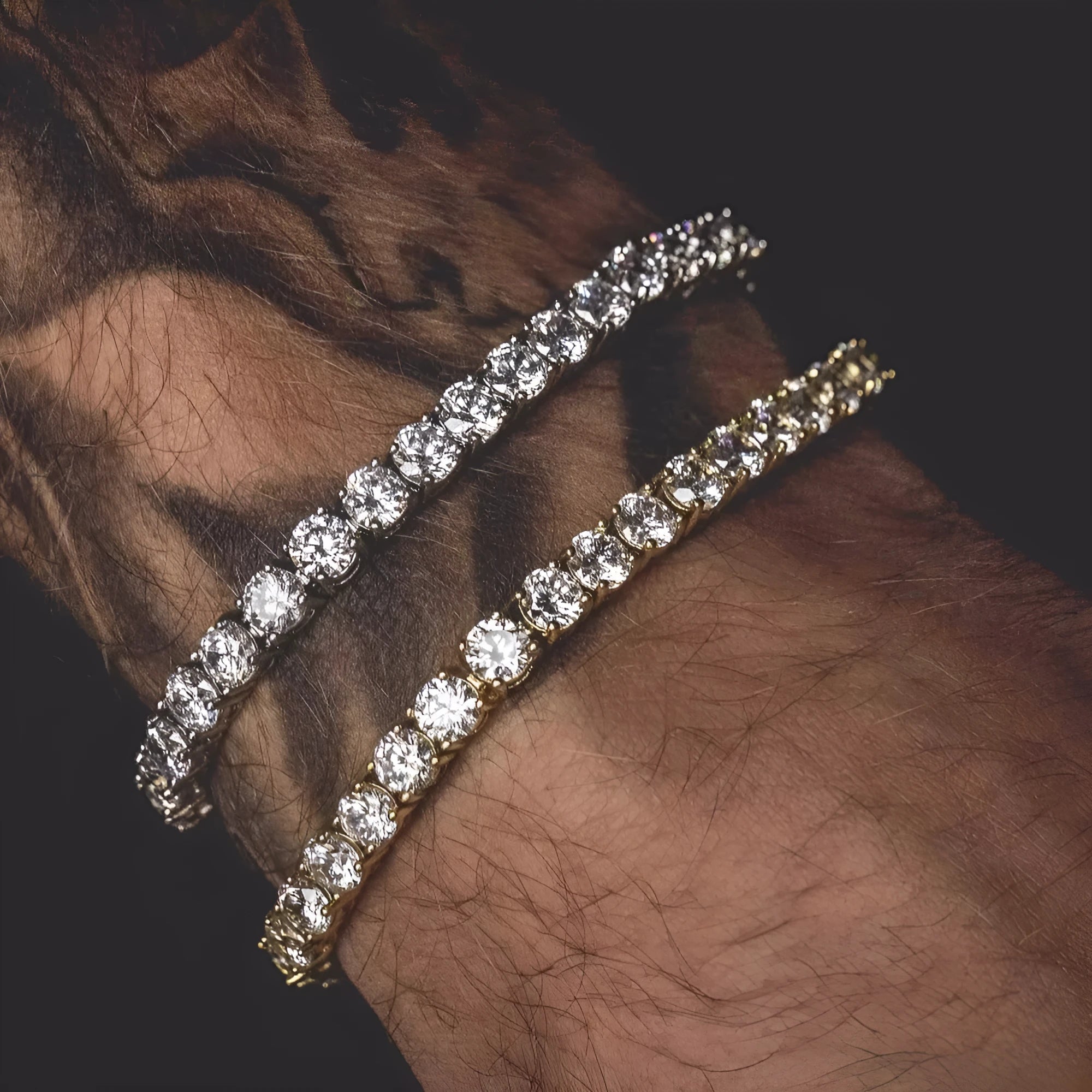Men's silver alloy hip hop bracelet with geometric links and a row of clear rhinestones.