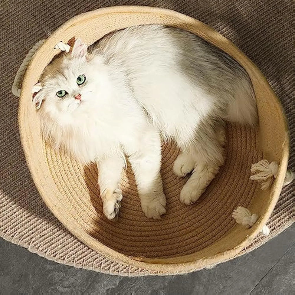 Wicker cat bed basket with a corrugated scratching surface, shown in two sizes.