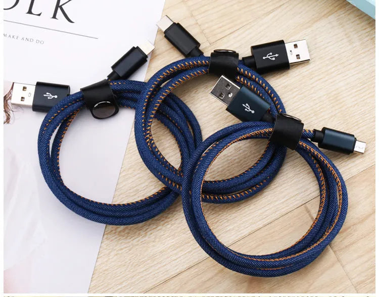 Cowboy-style denim braided USB-C charging cable in black with aluminium connectors.