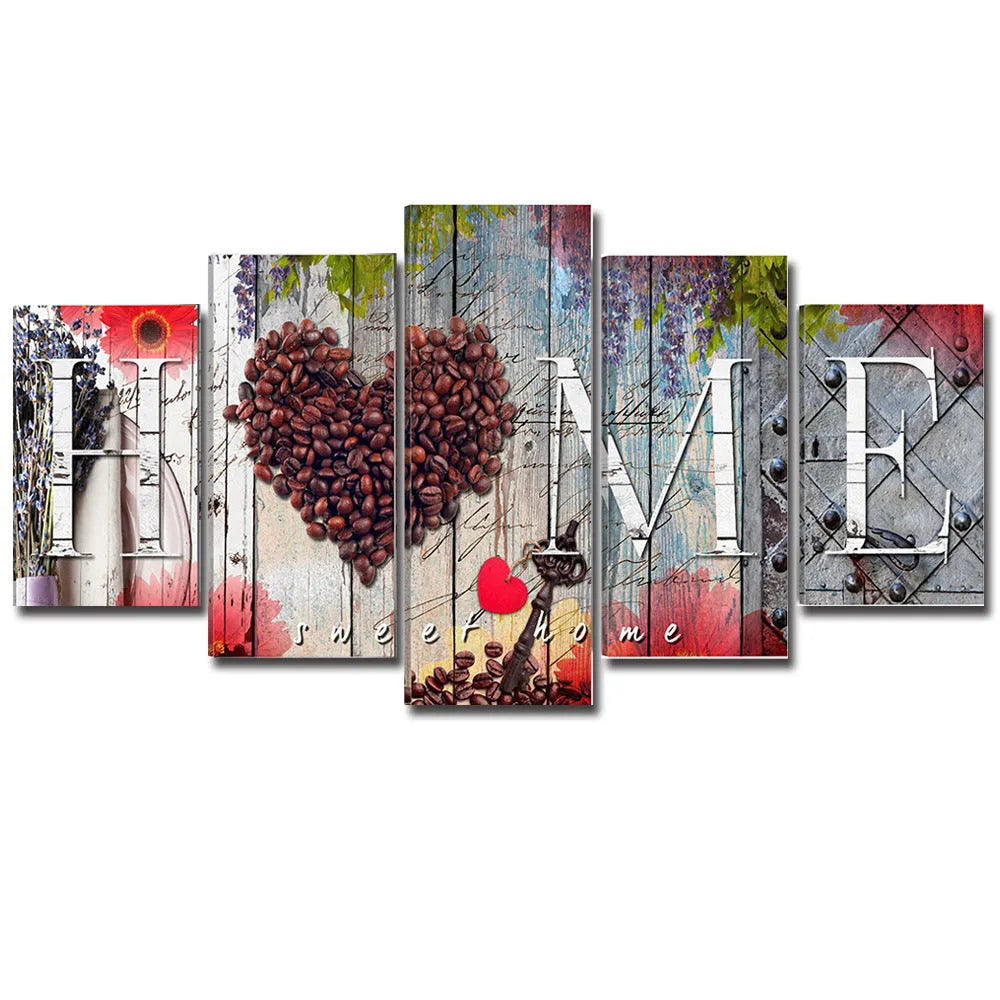 Set of five red oil painting home decoration boards arranged as gallery wall display