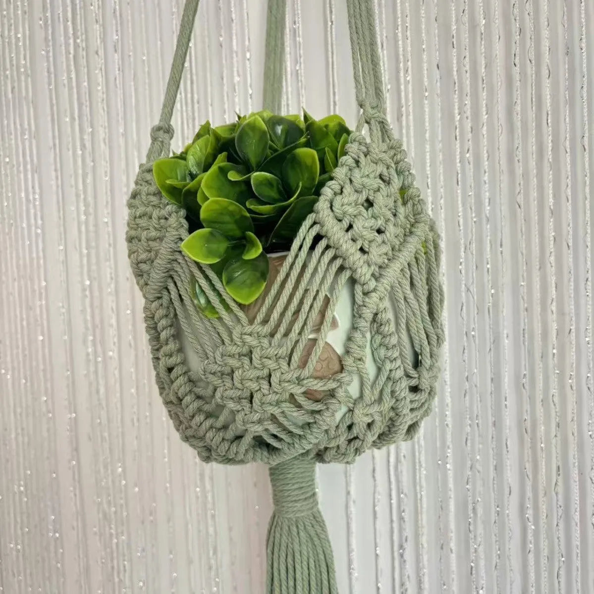 Hand-woven minimalist flower pot in polyester cotton with net pocket design