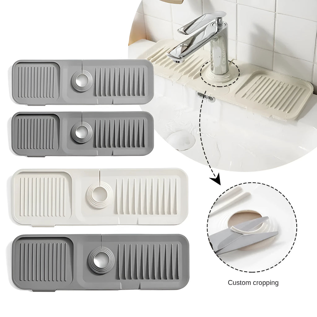 Silicone faucet splash guard with sloped design showing two drain channels in various colour options