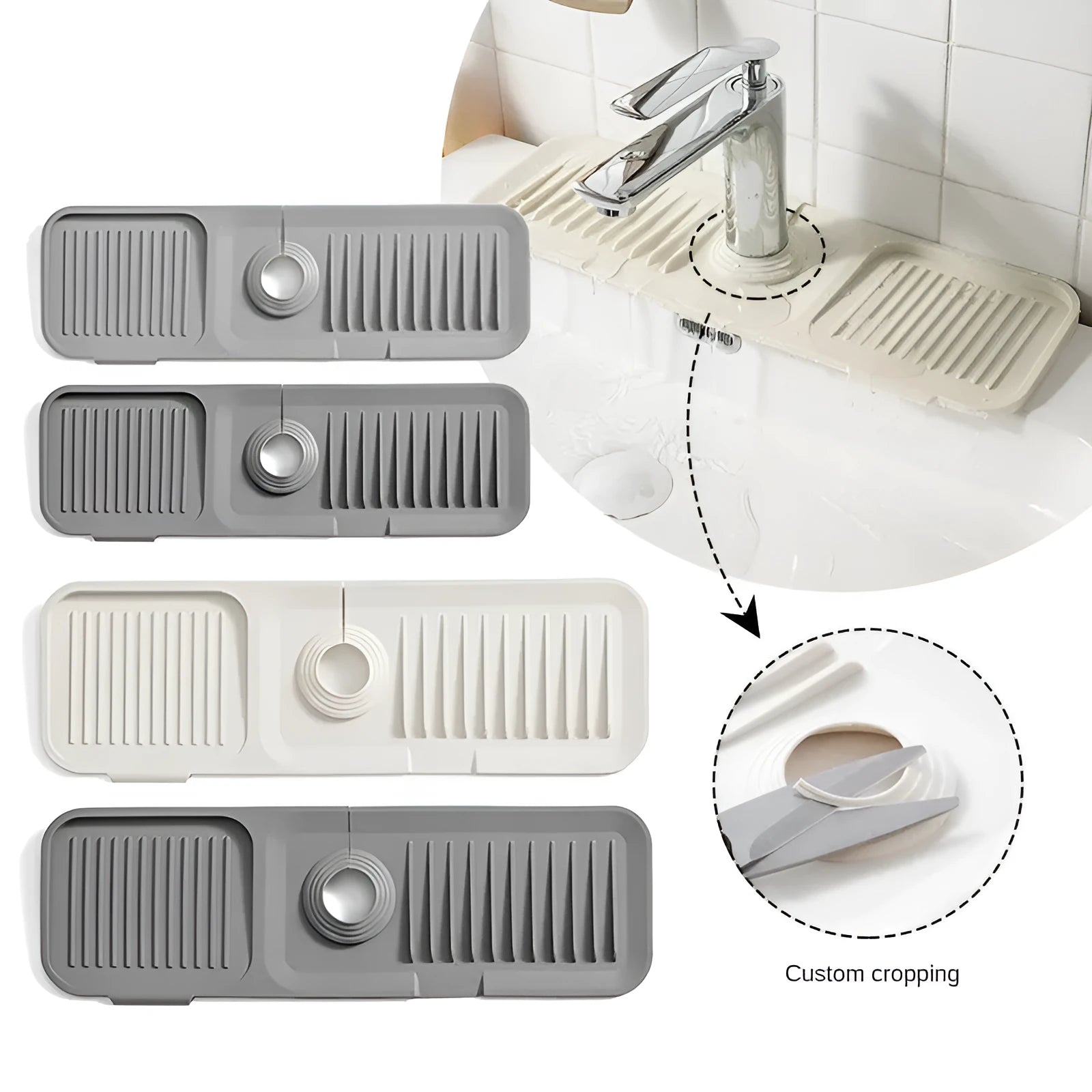 Silicone faucet splash guard with sloped design showing two drain channels in various colour options