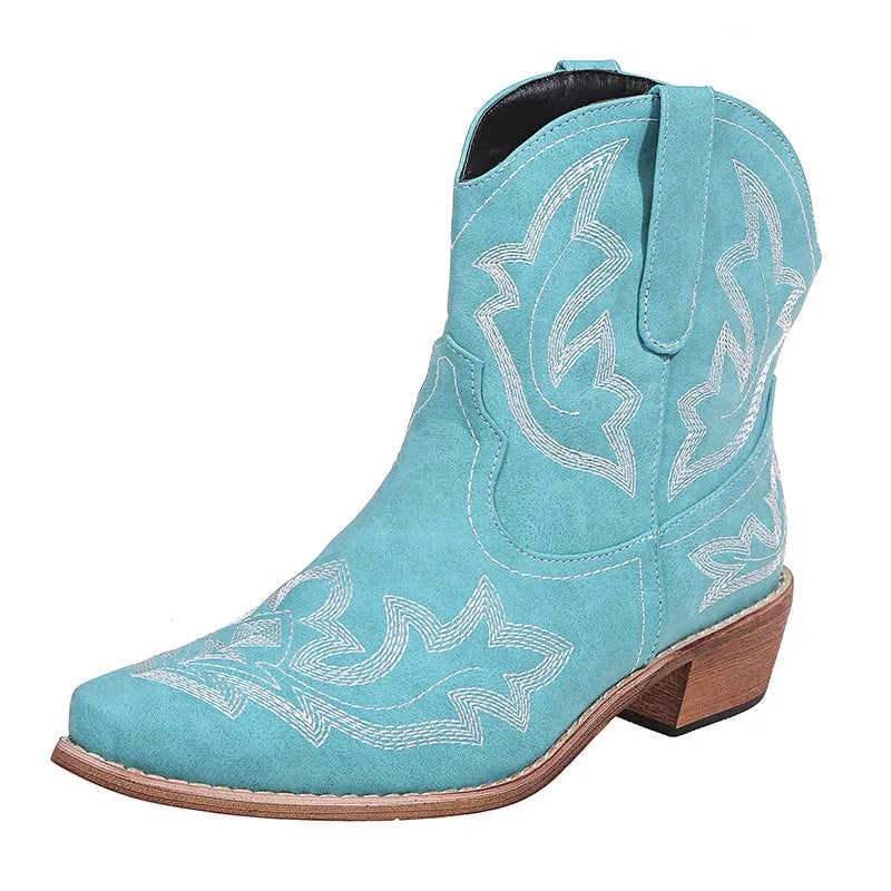 Women's cowboy boots with embroidery decoration and low wedge heel in blue colour