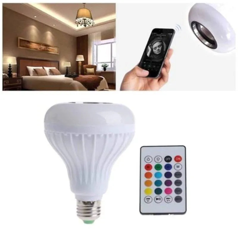 White E27 Bluetooth speaker light bulb with remote control showing 16 colour RGB lighting options