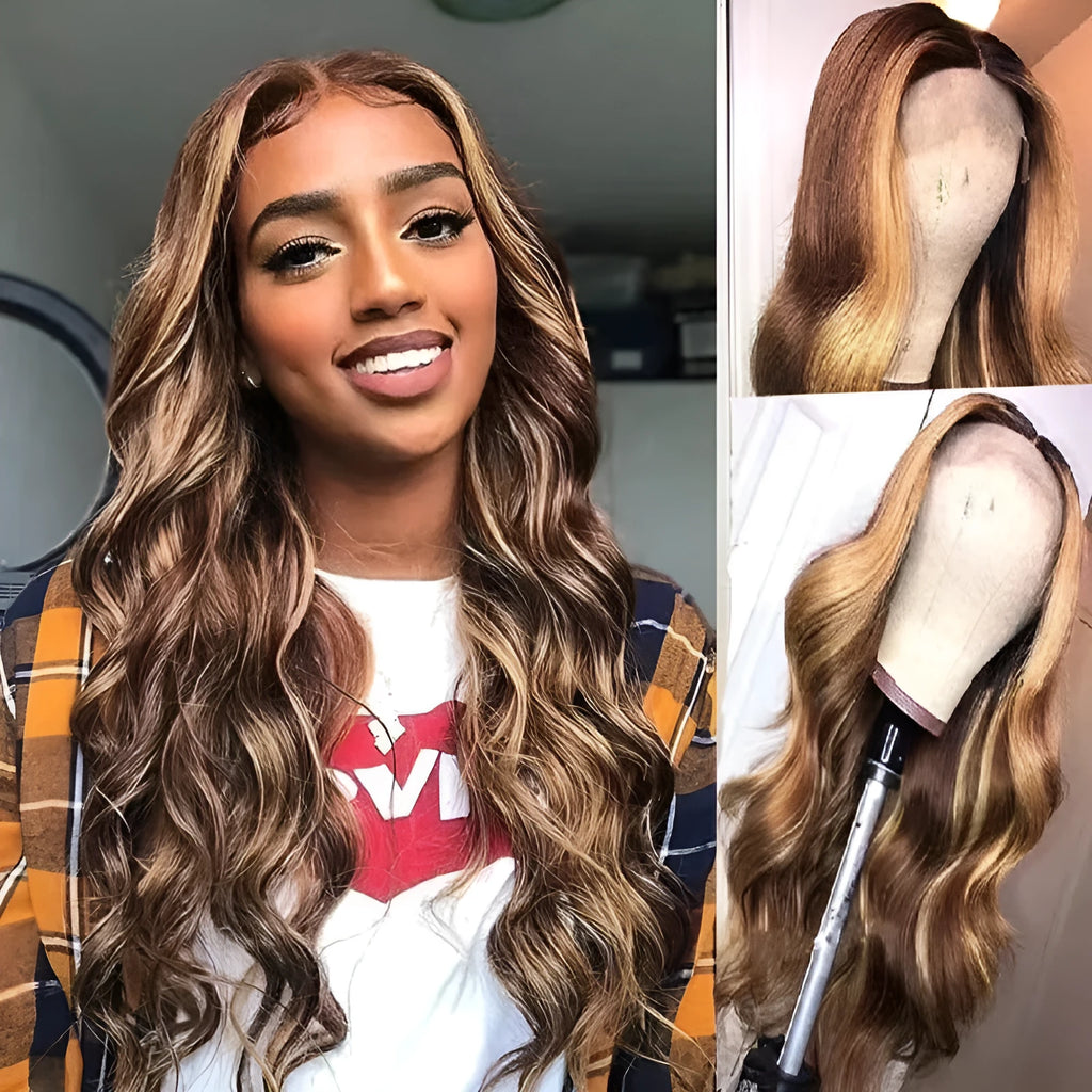 Front lace wig with African black gradient colour and big wave curls, shown with a side-swept fringe.