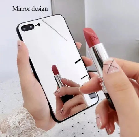 Black iPhone back cover case with a built-in mirror on the rear, compatible with multiple iPhone models.