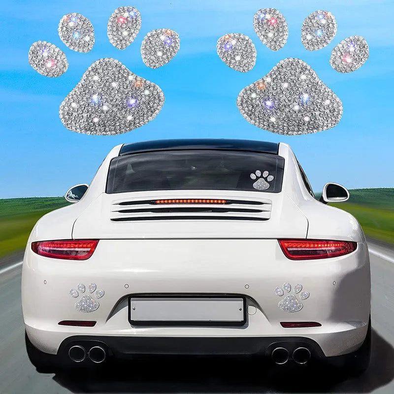 Close-up of white diamond series glass car sticker featuring butterfly and bear paw design measuring 7cm by 6cm