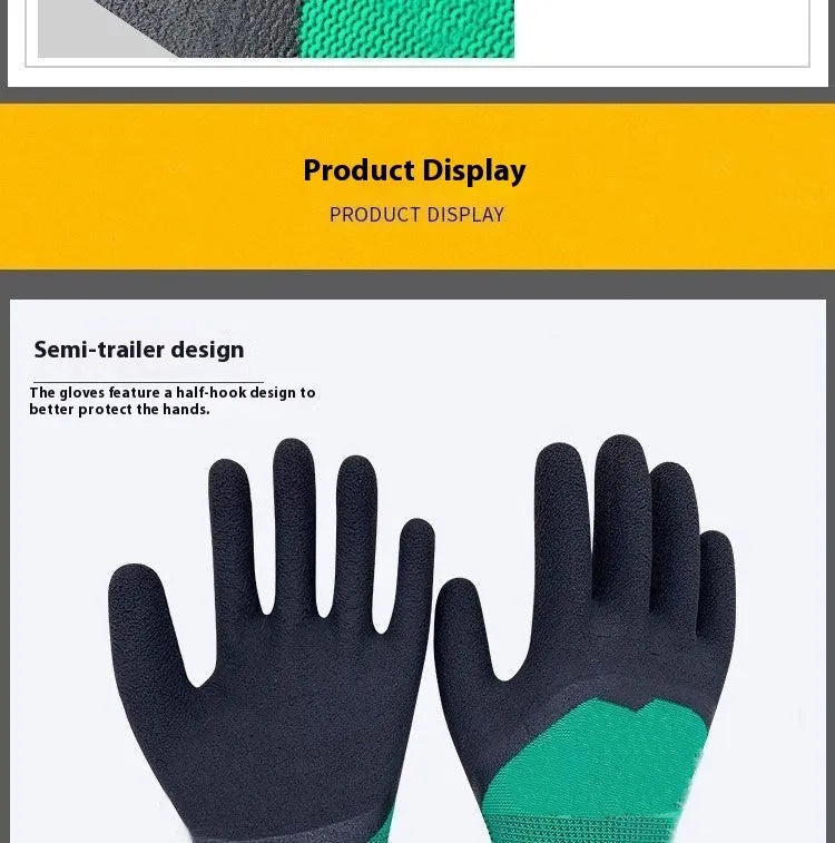 Black and green rubber work gloves with textured non-slip surface, shown in size M.