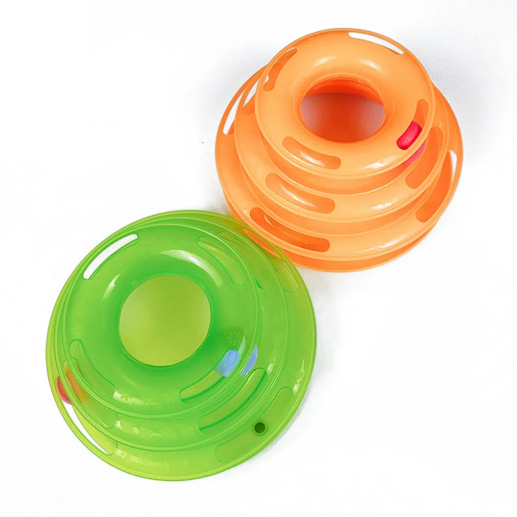 Four-layer interactive cat turntable toy with ball track tower, plastic, 16x29cm, in pink, blue or orange