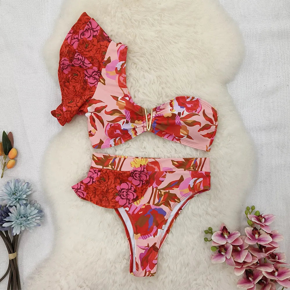 Women's pink floral print high-waisted one-shoulder swimsuit bikini set