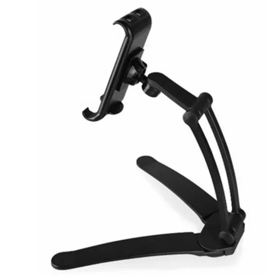 Silver and white aluminum alloy desktop stand holding a tablet at an adjustable angle.