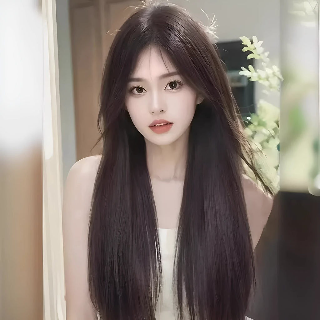 Long straight synthetic wig with side bangs and forehead lace front in dark brown colour.