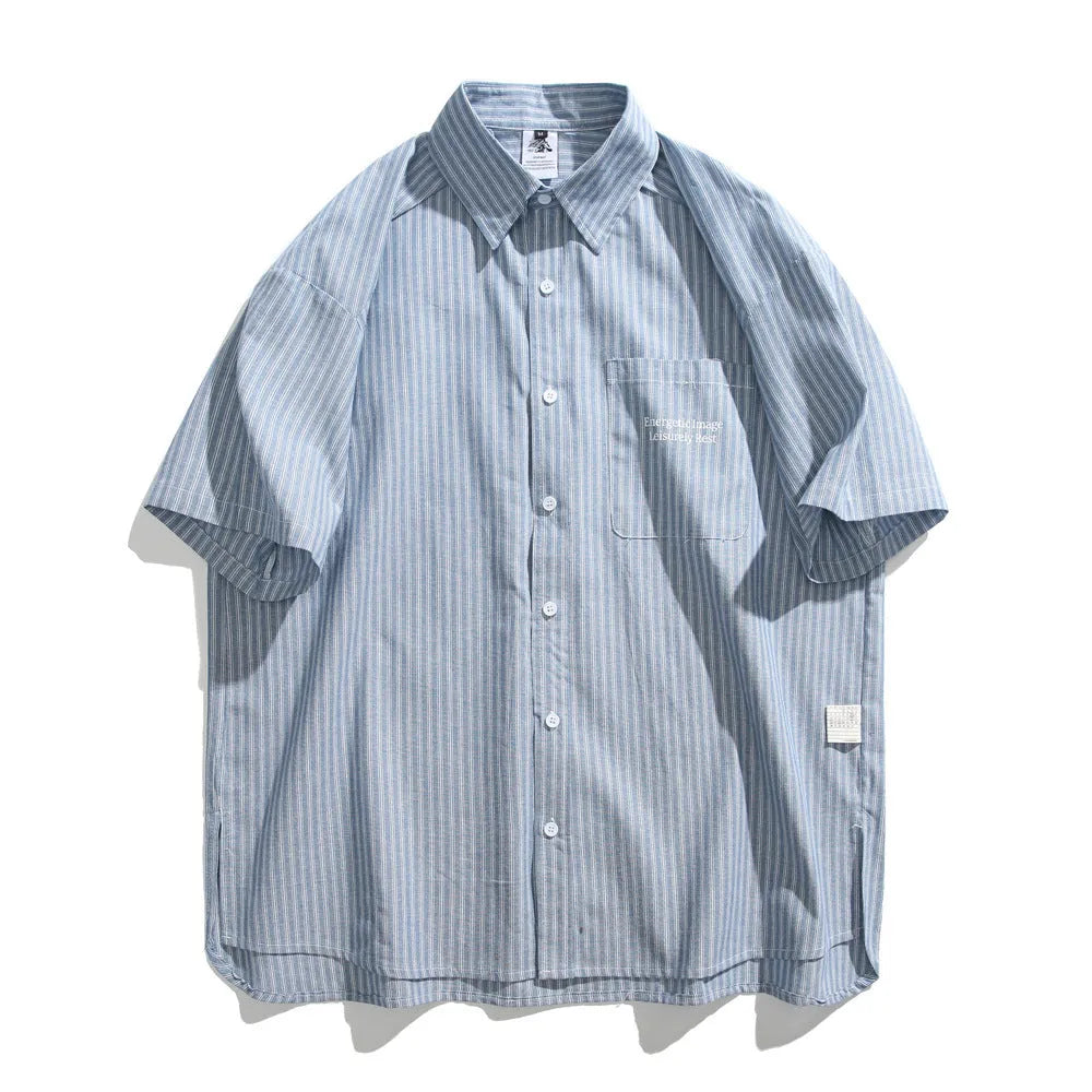 Blue striped short-sleeve shirt with loose cardigan style for casual wear