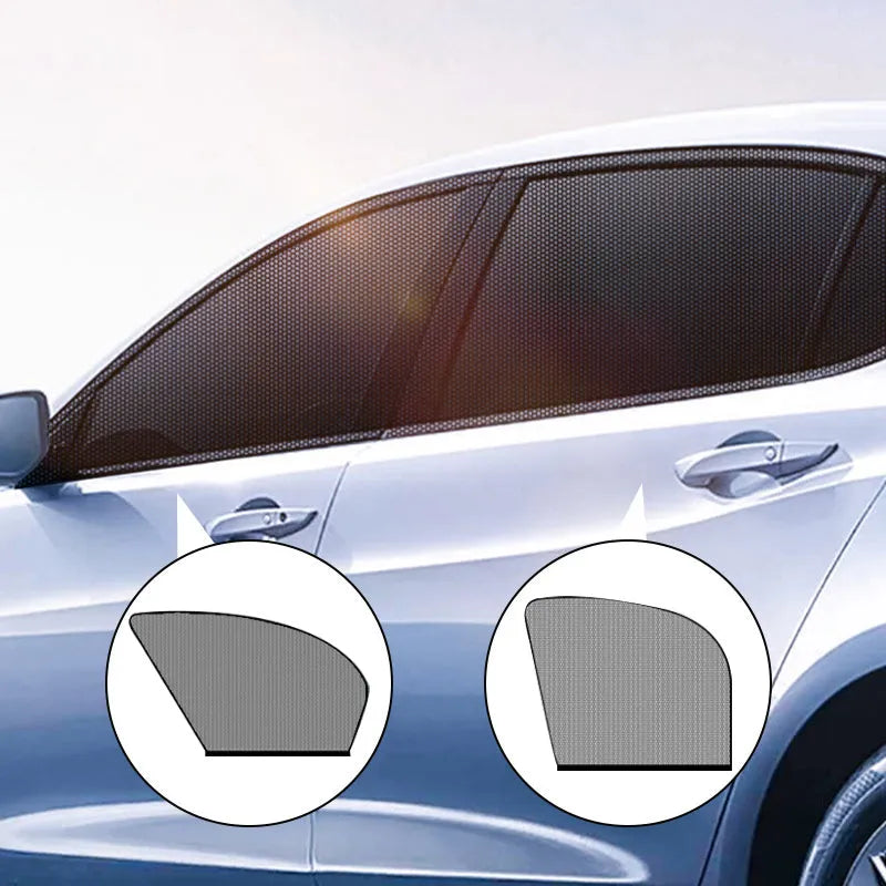 4-piece car side window sunshade set showing non-woven mesh material and elastic strip installation