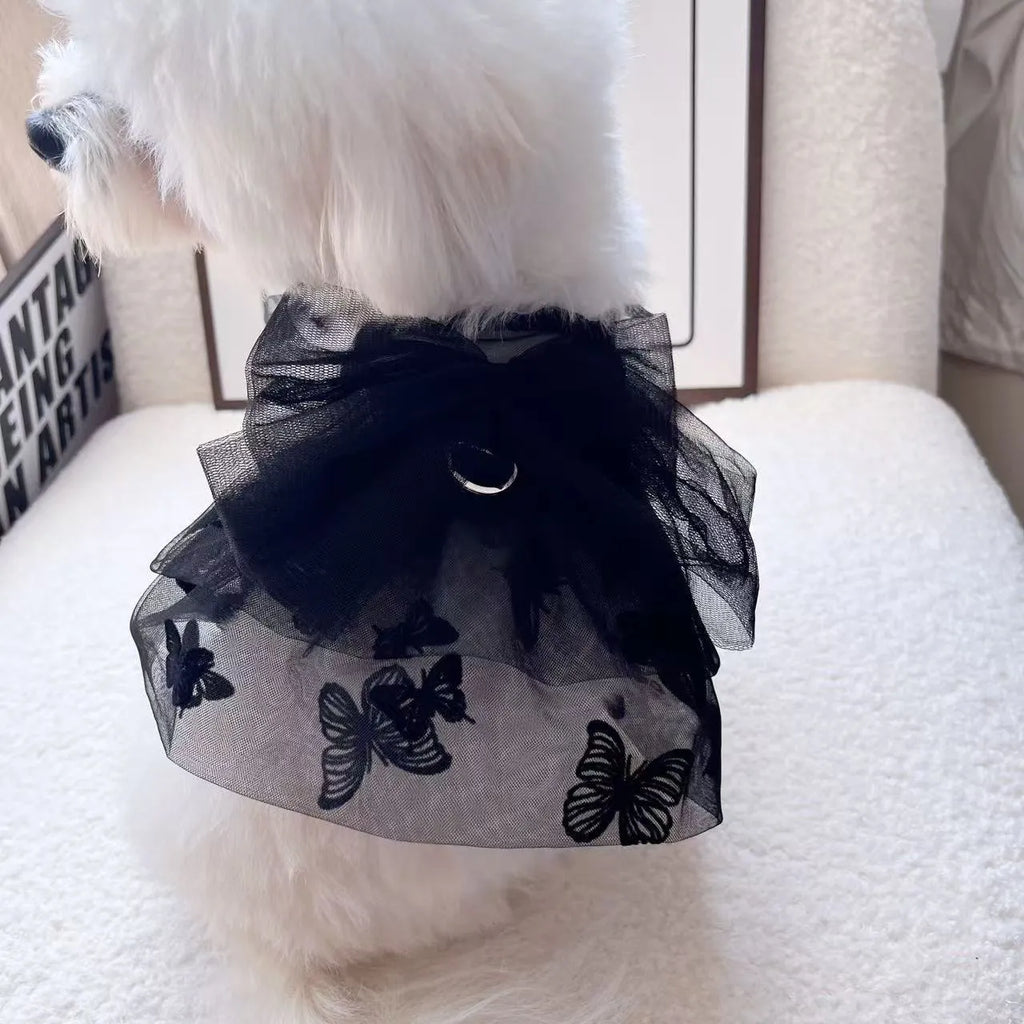 Black gauze princess tulle skirt for small dogs and cats on a mannequin showing the five available sizes