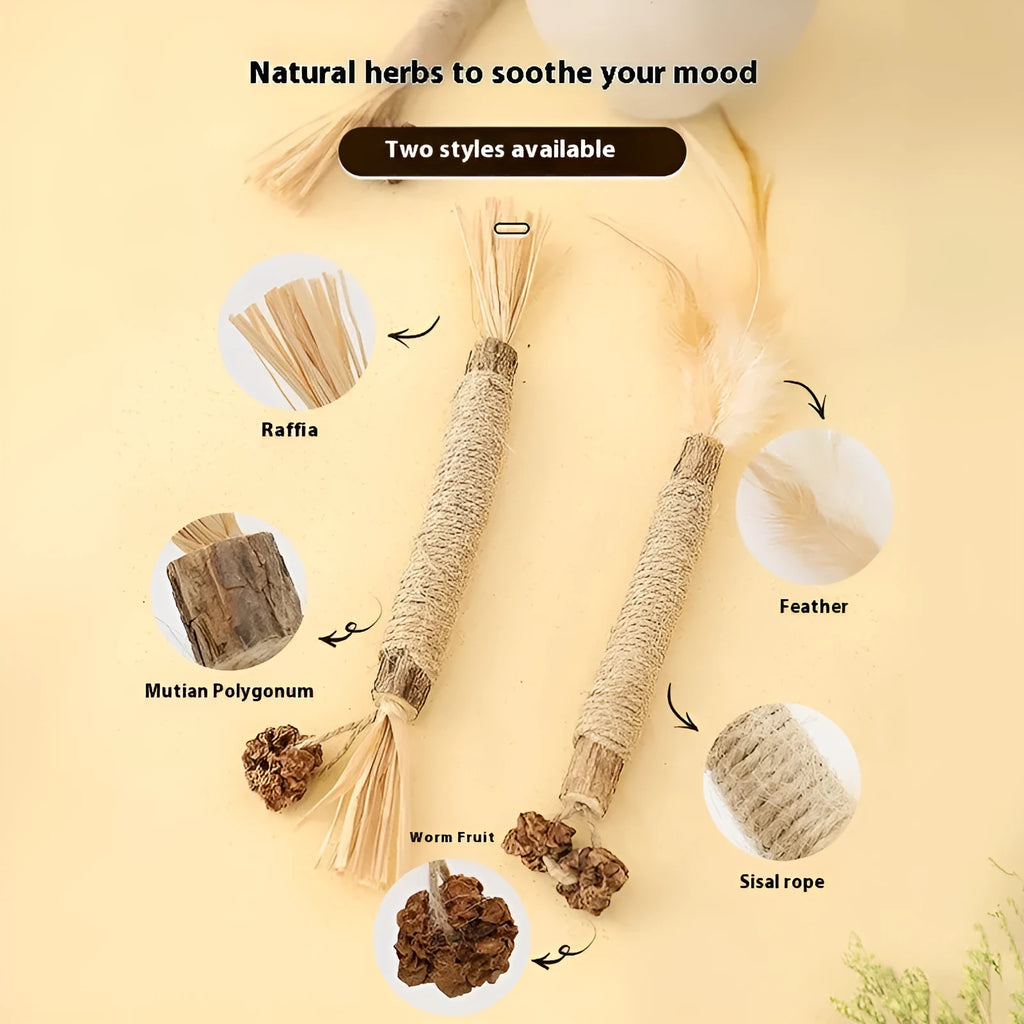 Large wooden cat chew toy with a 2.2cm diameter handle and a dangling teaser with catnip and feathers.