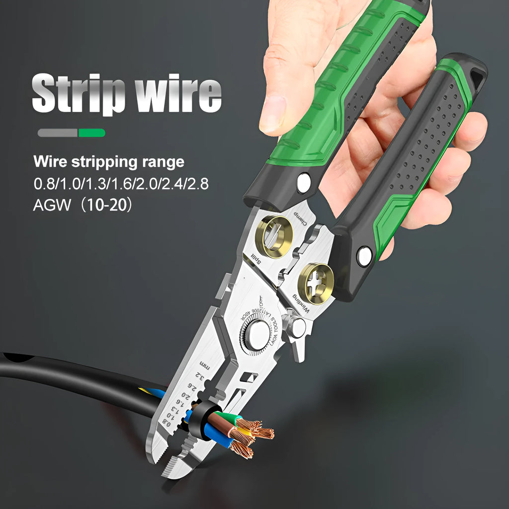 Multifunctional stainless steel wire stripper with 7 stripping ports and two-colour ABS handle.