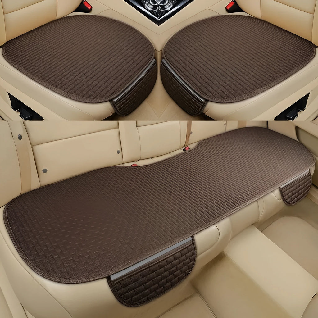 Linen car cushion set in classic plaid pattern showing three colour options: black and red, coffee and cream