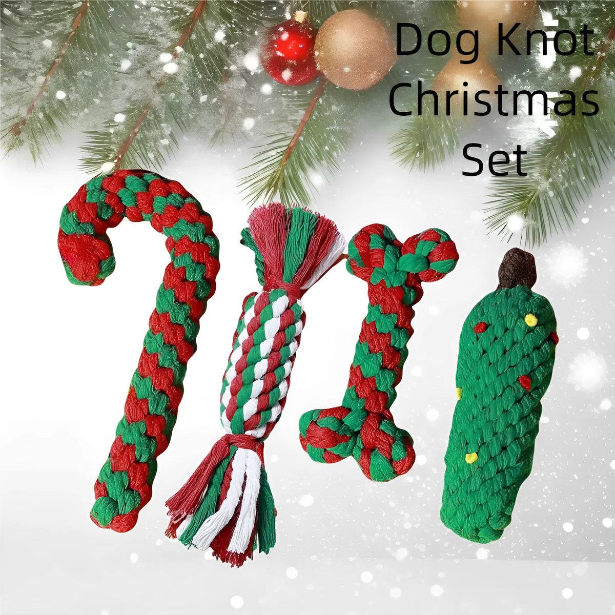 Christmas cotton rope dog toy set with red and green candy cane, bone and Christmas tree shapes for small and medium dogs.