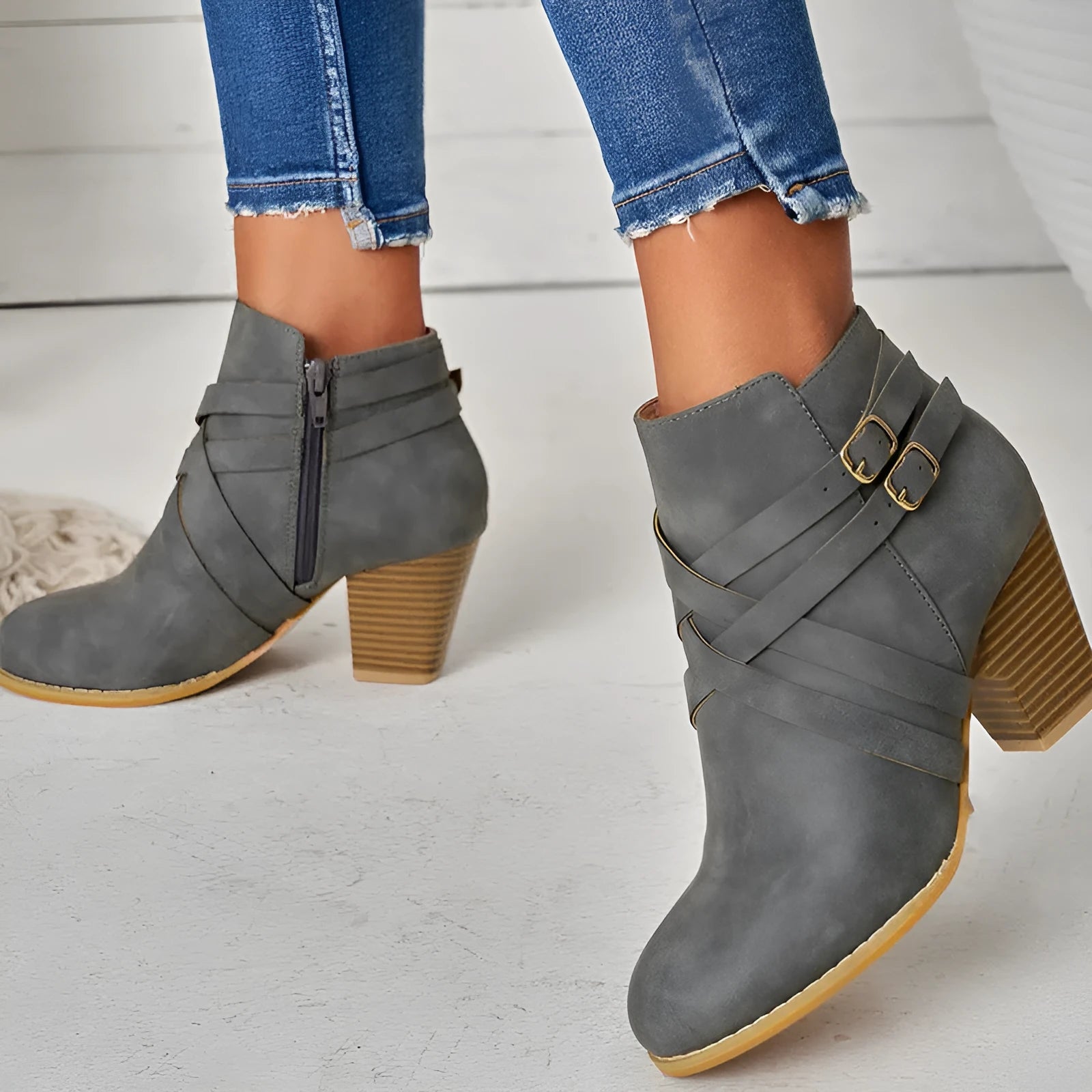 Plus size short boots with a 7cm heel, side zipper, and belt buckle in grey.