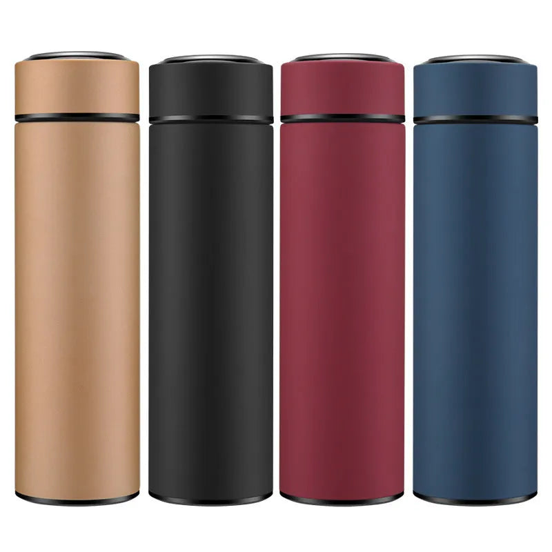 Black stainless steel vacuum water bottle with arrow-shaped mouth, 450ml capacity.