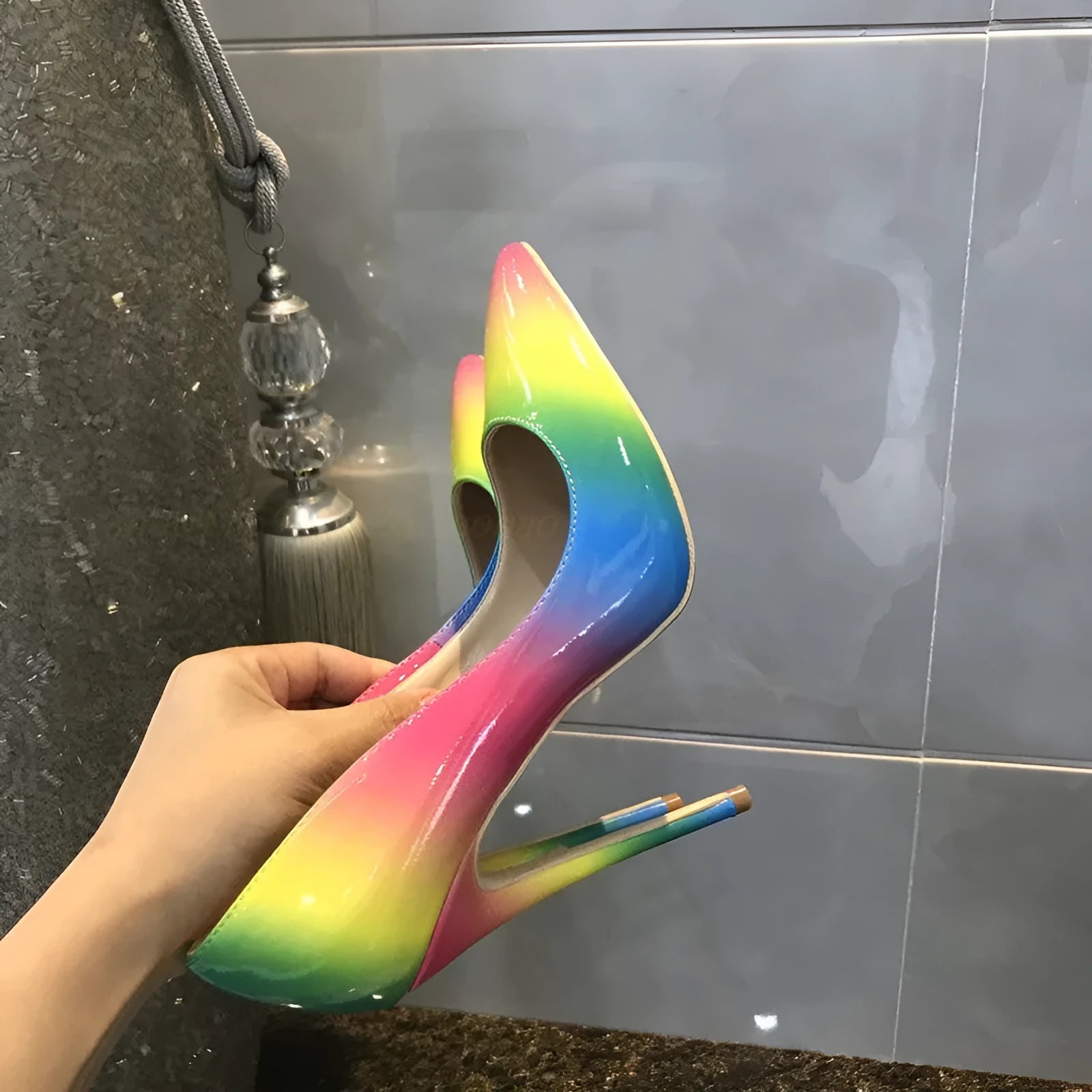 Rainbow patent leather ultra-high heel stiletto pumps with pointed toe