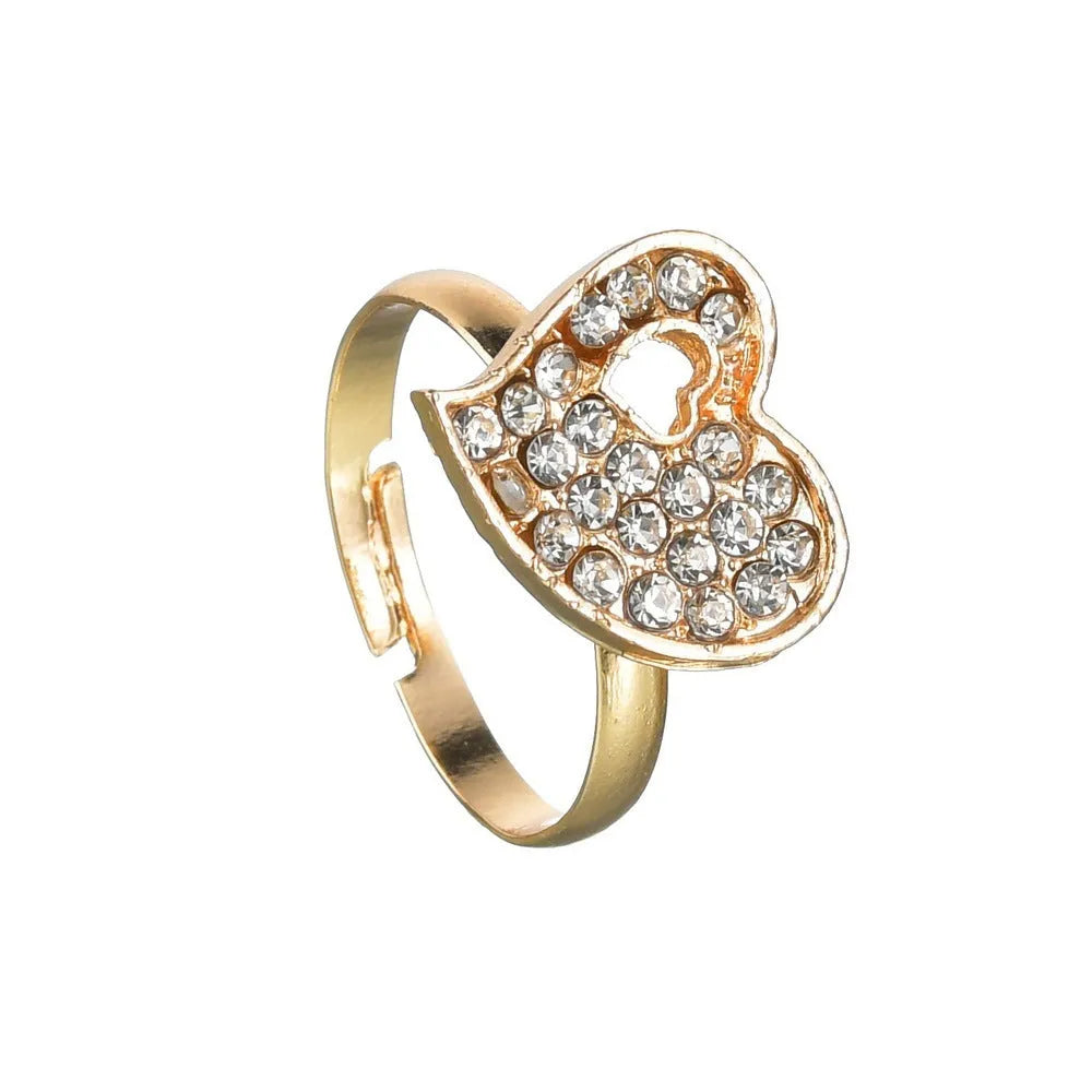 Gold electroplated women's jewellery set with love bell patterns including earrings, pendant and adjustable bracelet