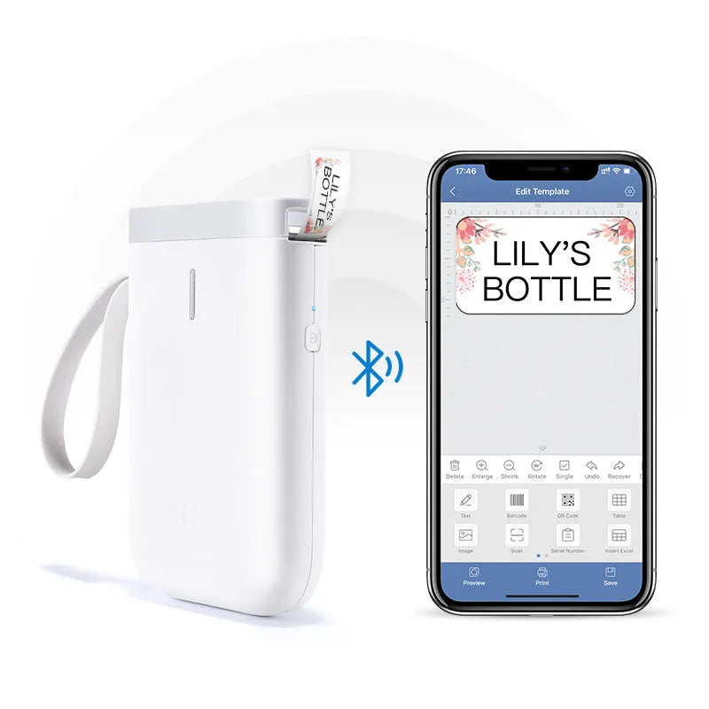 D11 compact white Bluetooth thermal label printer with USB cable and roll of label paper on a desk.
