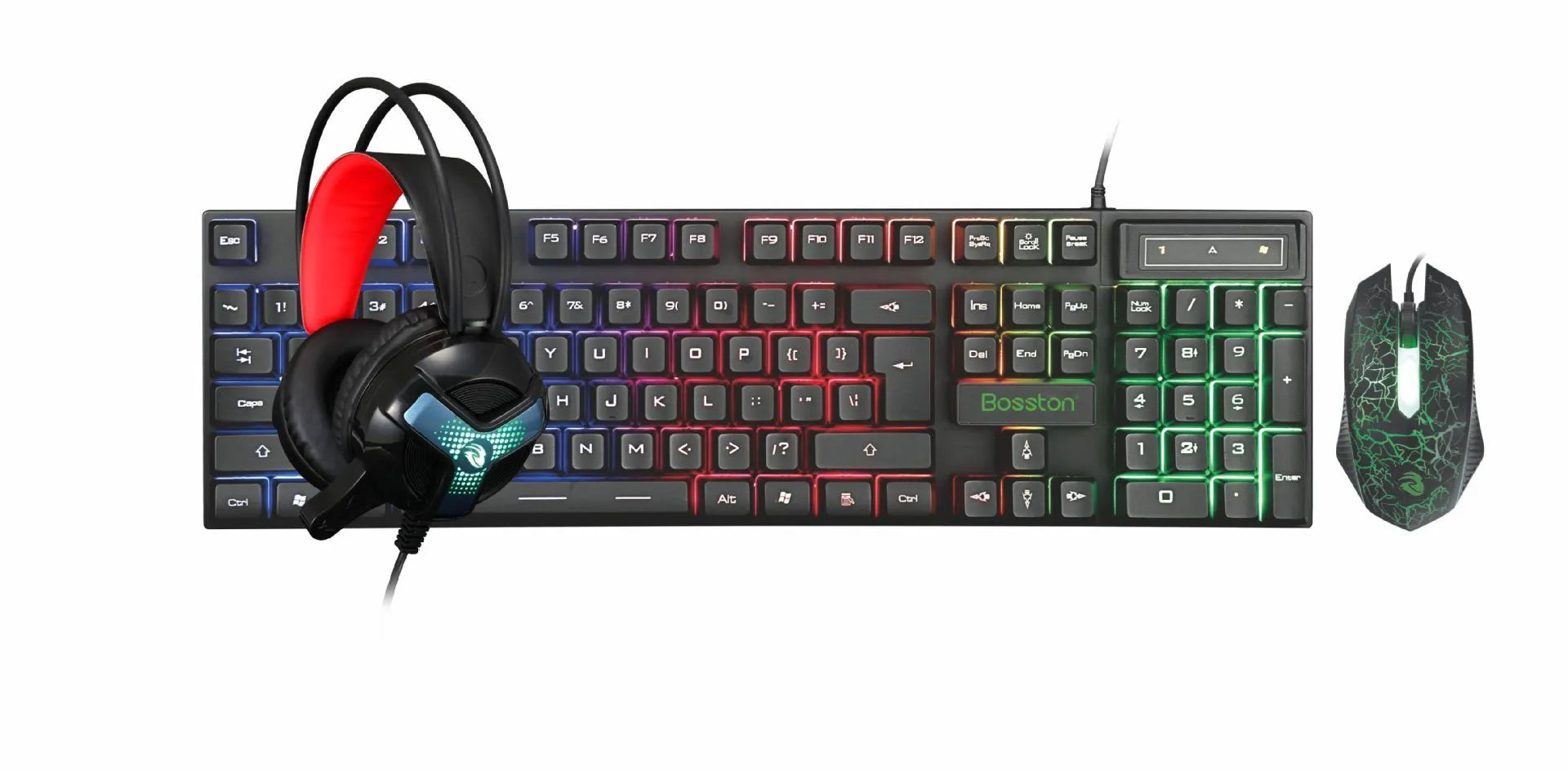 Thunder Wolf T800 wired gaming keyboard, mouse, headset, and mouse pad four-piece bundle set on a desk